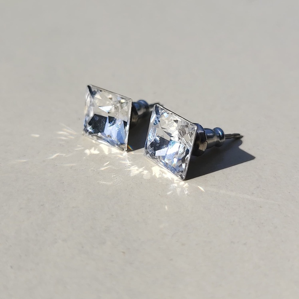 Vintage Crystal Silver Tone Square Stud Earrings Clear Princess Cut Geometric